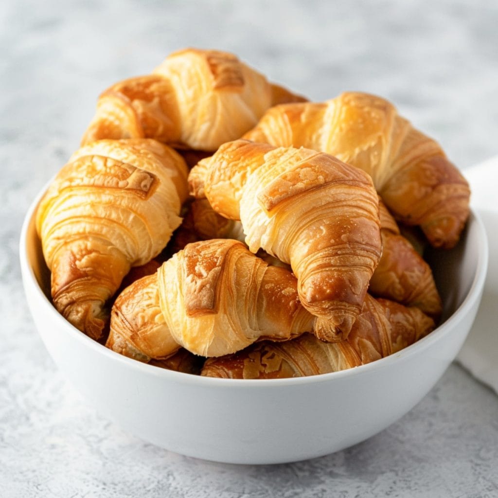 Bunch of croissant bread in a white bowl.