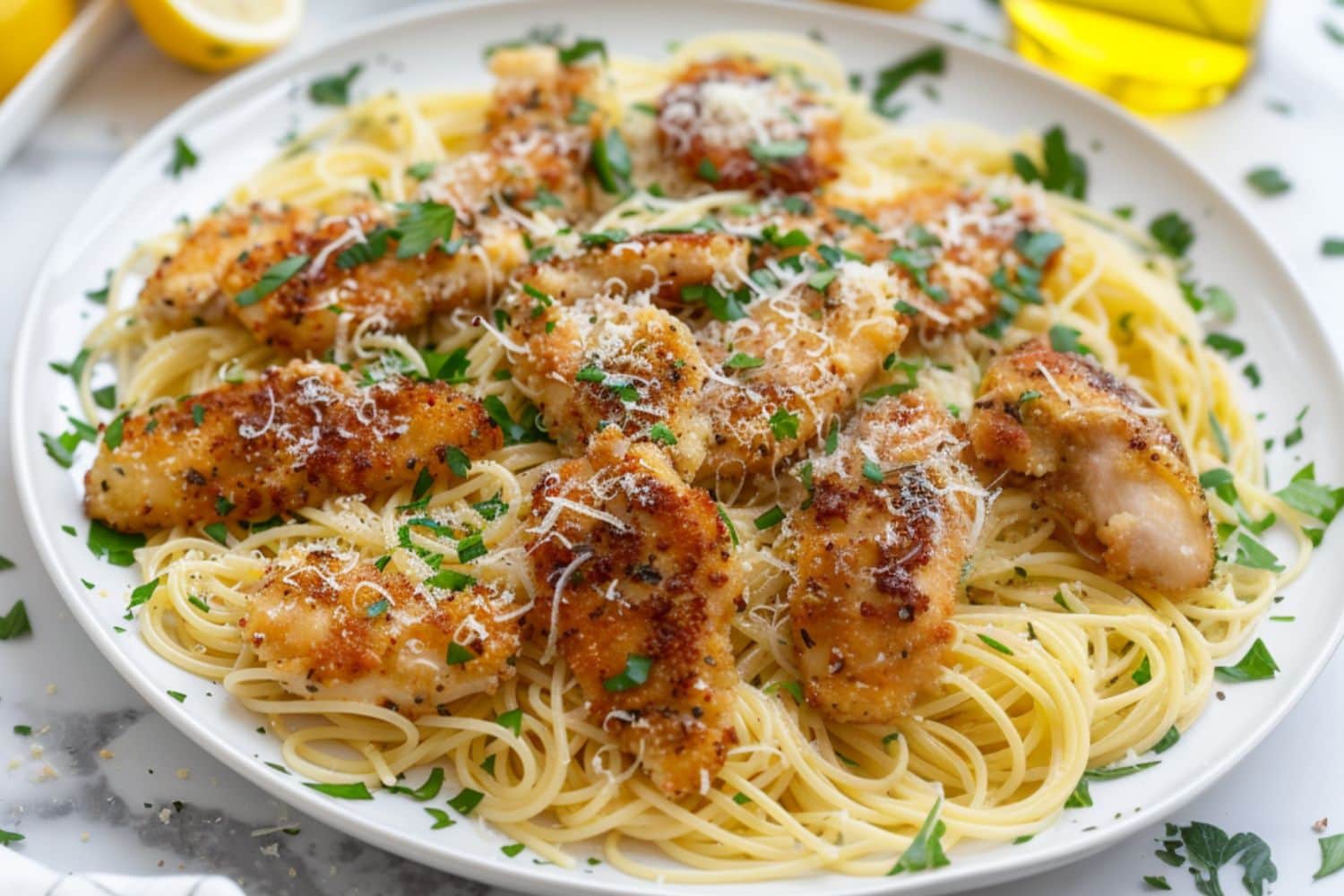 Chicken scampi serving on a white plate.