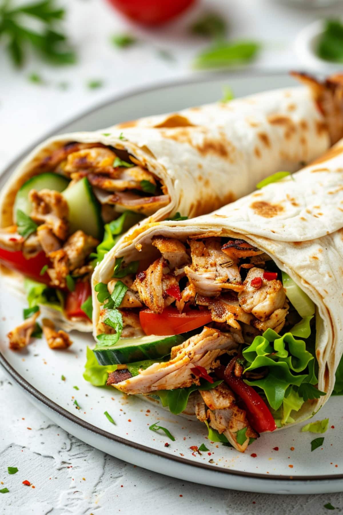 Chicken shawarma served in a white plate.