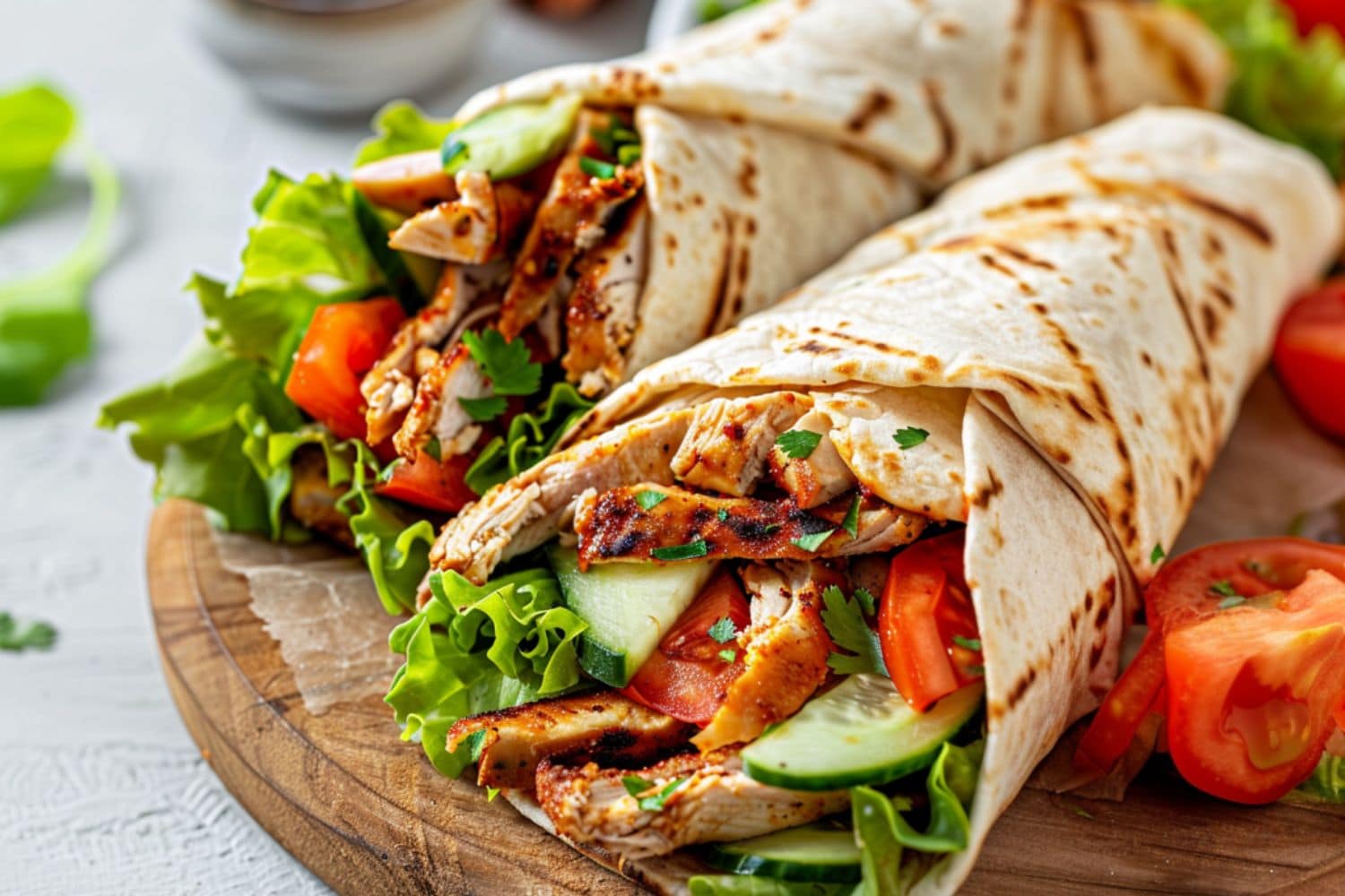 Chicken shawarma wrap with baked chicken, lettuce, tomatoes and cucumber.