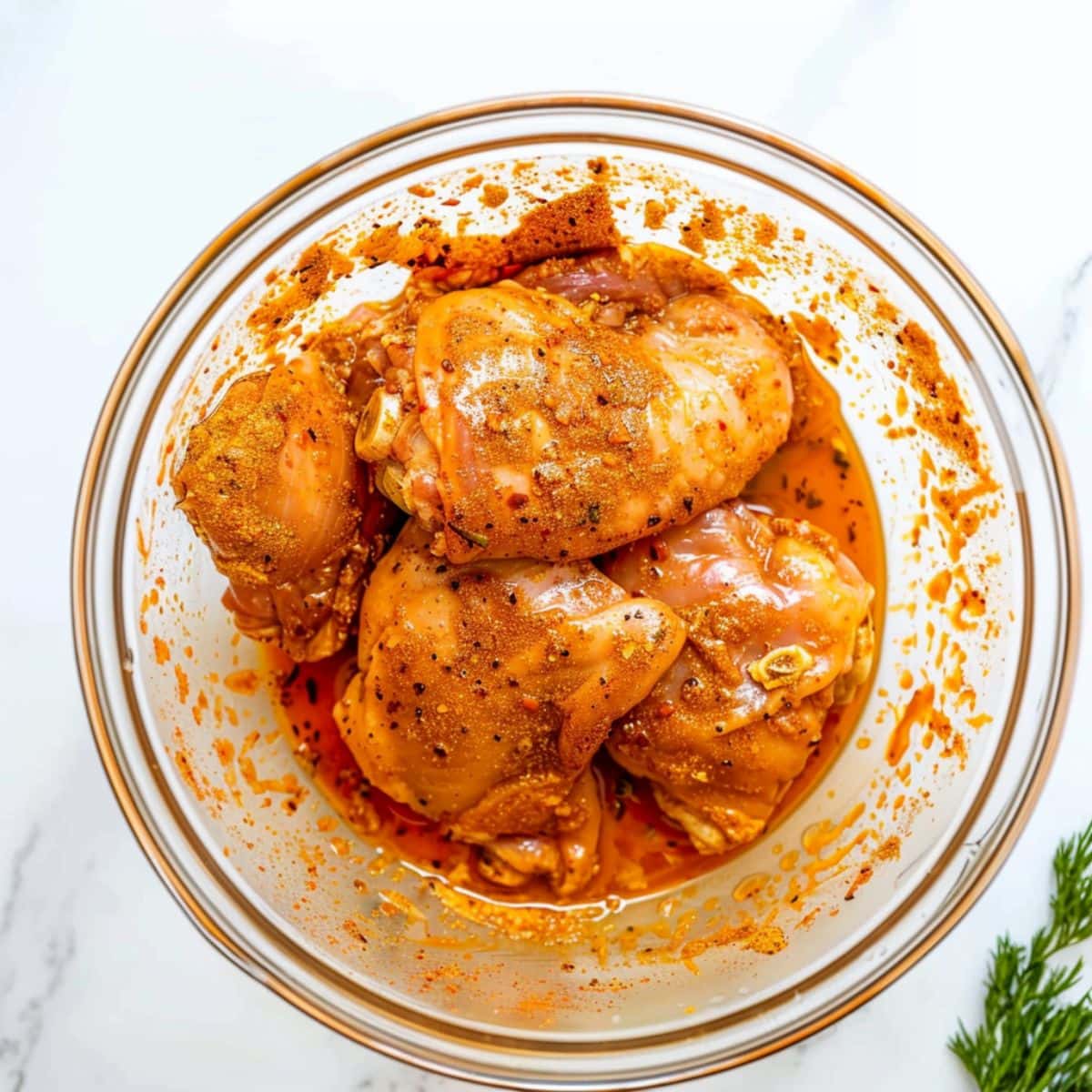 Marinated chicken thigh skin off in a large glass bowl.