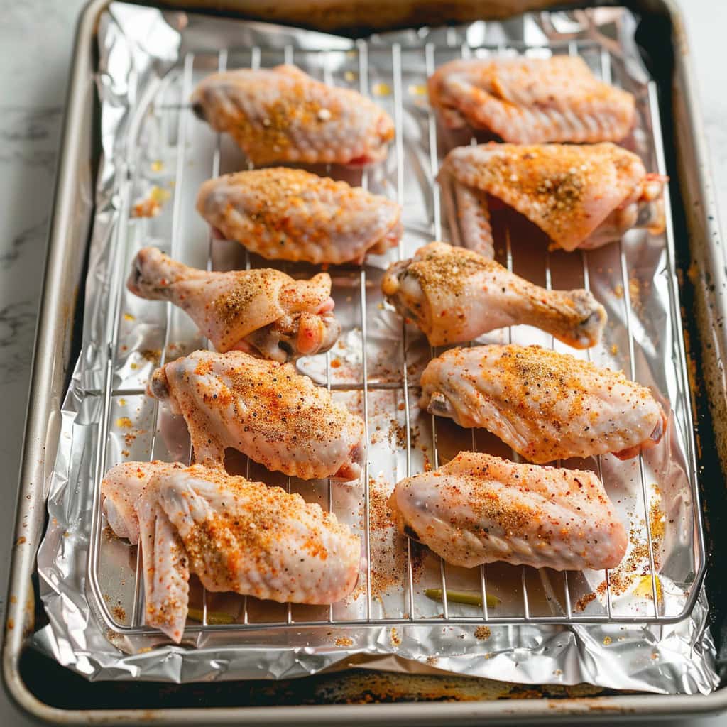 Seasoned chicken wings on a wire rack, ready for the oven