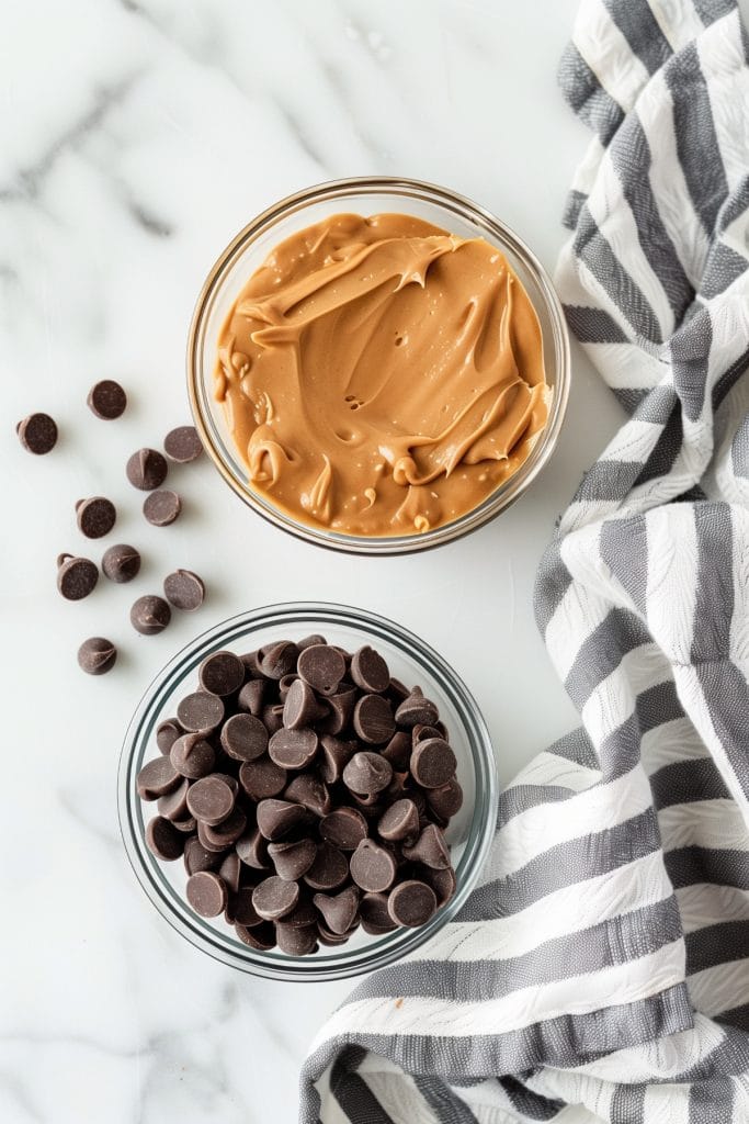 Two glass bowls containing chocolate chips and peanut butter, top view.