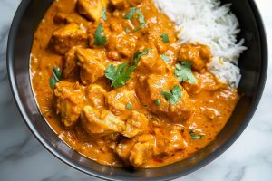 Savory coconut chicken curry served with rice, garnished with cilantro.