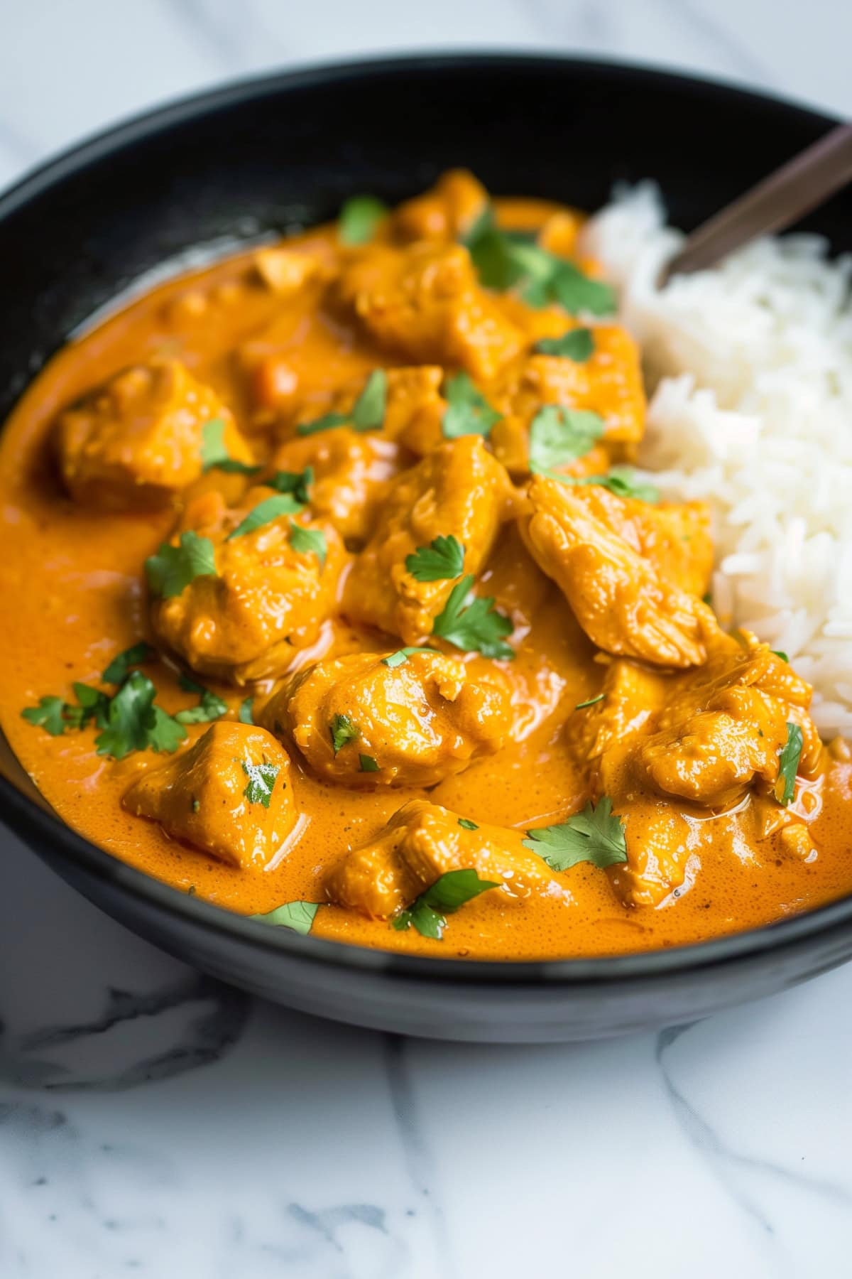 A black bowl of coconut chicken curry served with white rice, close up view