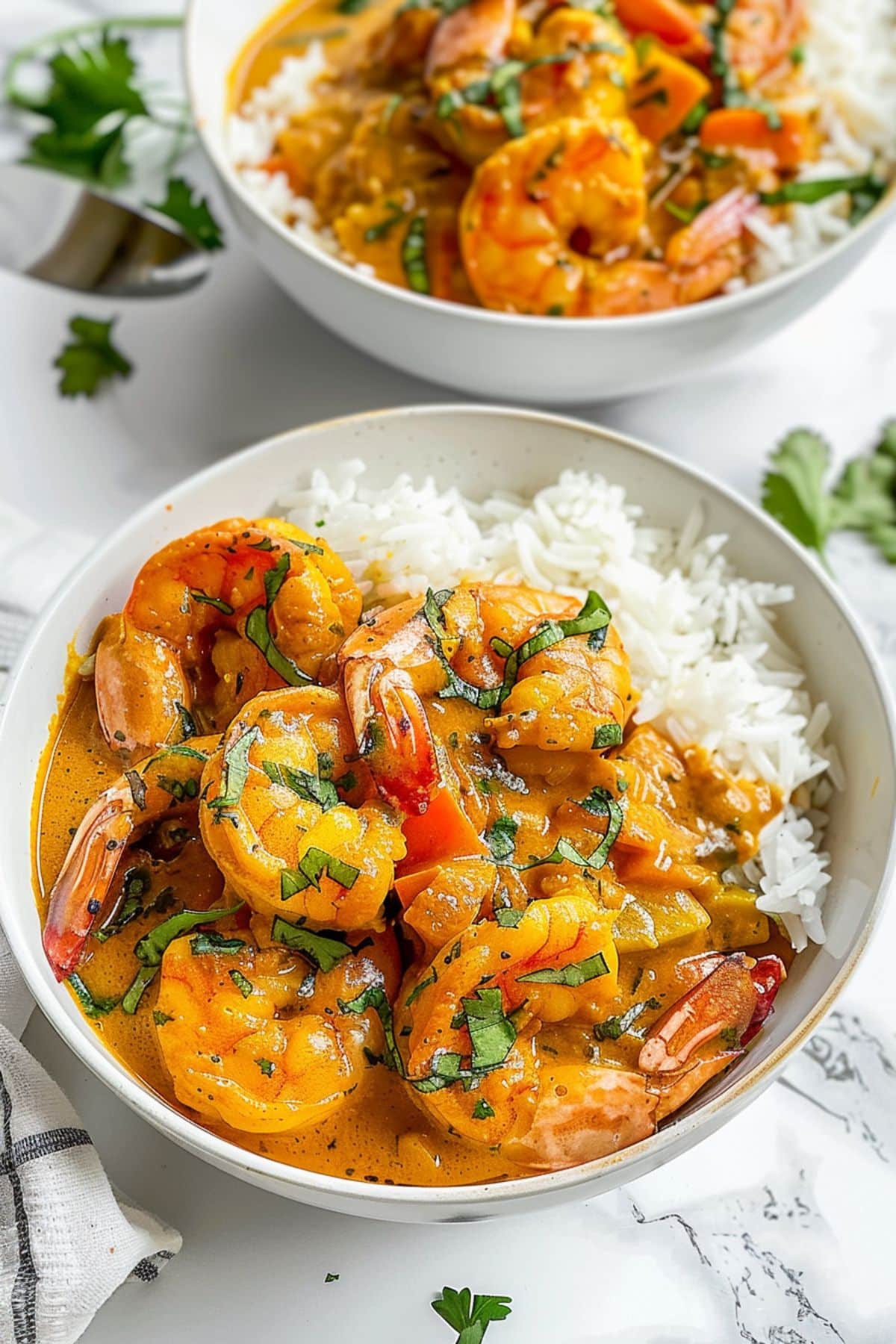 Two servings of coconut shrimp curry with white rice in white bowls