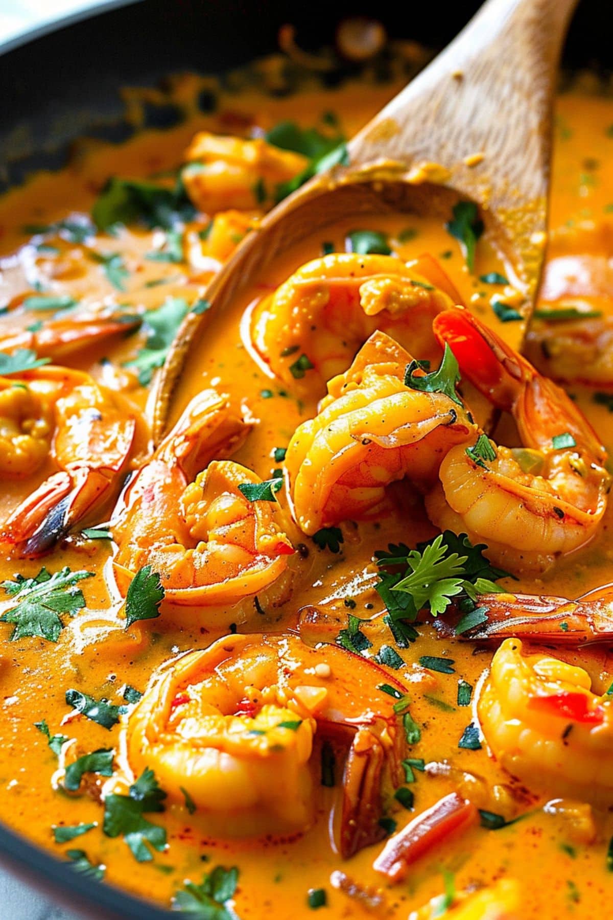 Shrimp in creamy coconut curry sauce. 