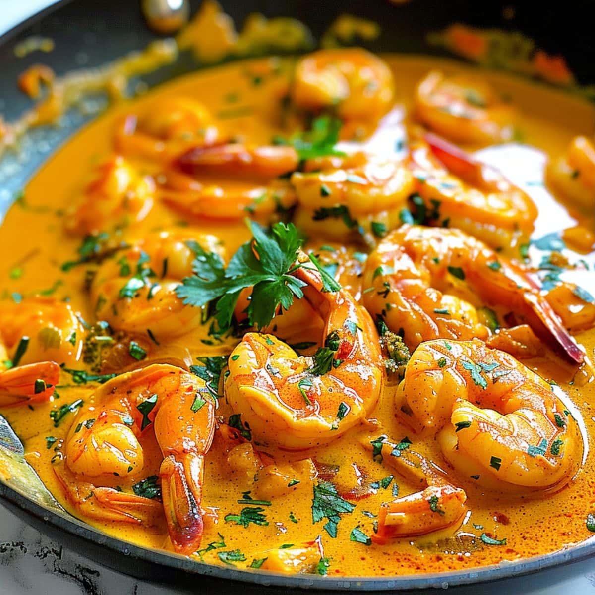 Coconut shrimp curry in a large wok, garnished with fresh cilantro. 