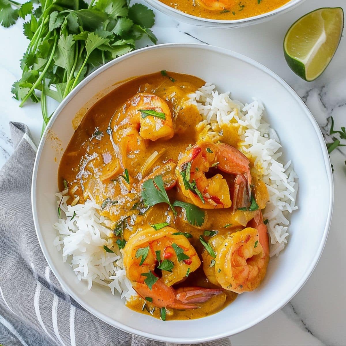 Coconut shrimp curry served on top of white rice. 