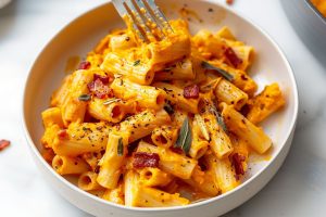 Creamy butternut squash pasta with fork served on a white bowl.