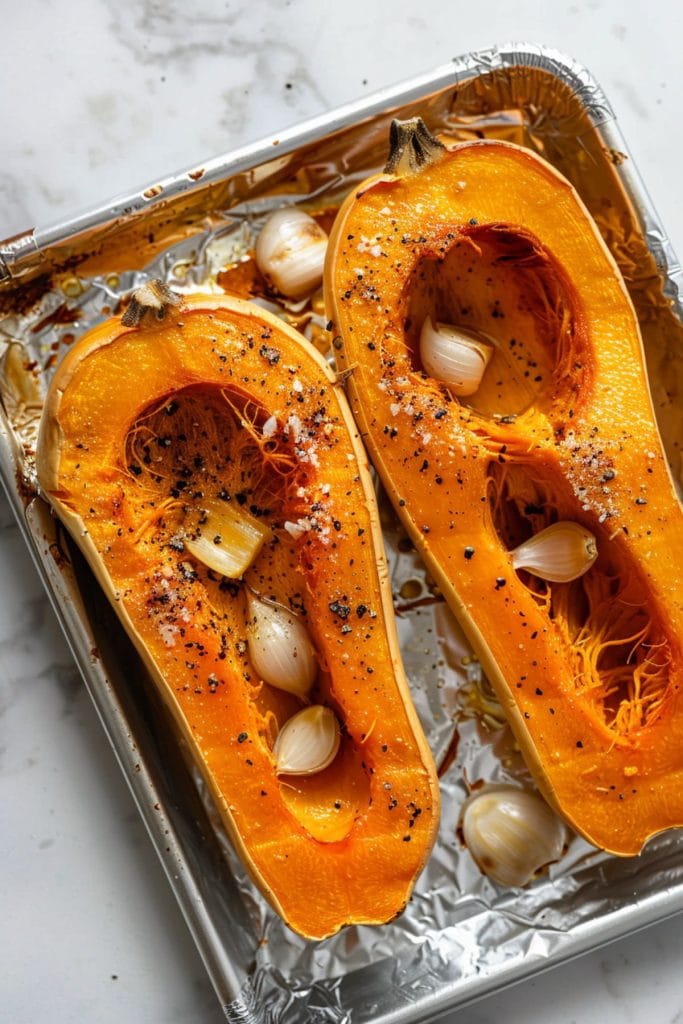 Roasted butternut squash on a baking tray