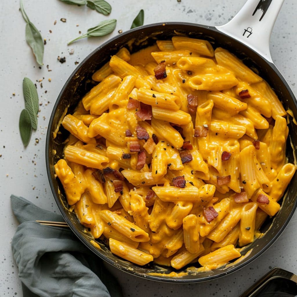 Creamy butternut squash pasta in a skillet.