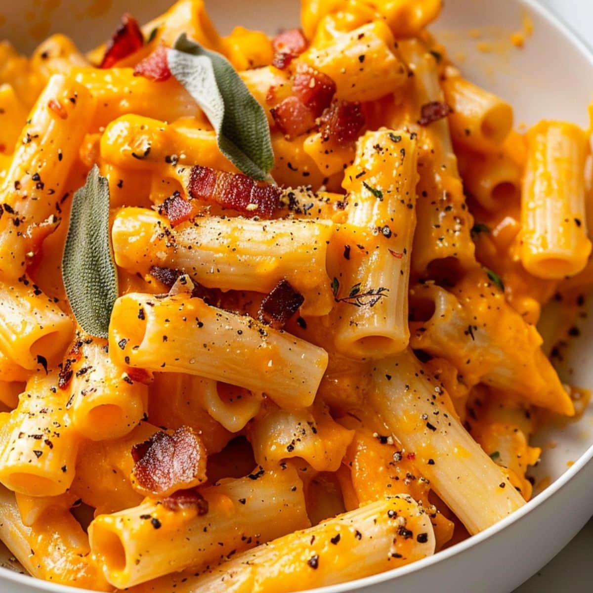 Butternut squash pasta in creamy squash sauce served on a white bowl.