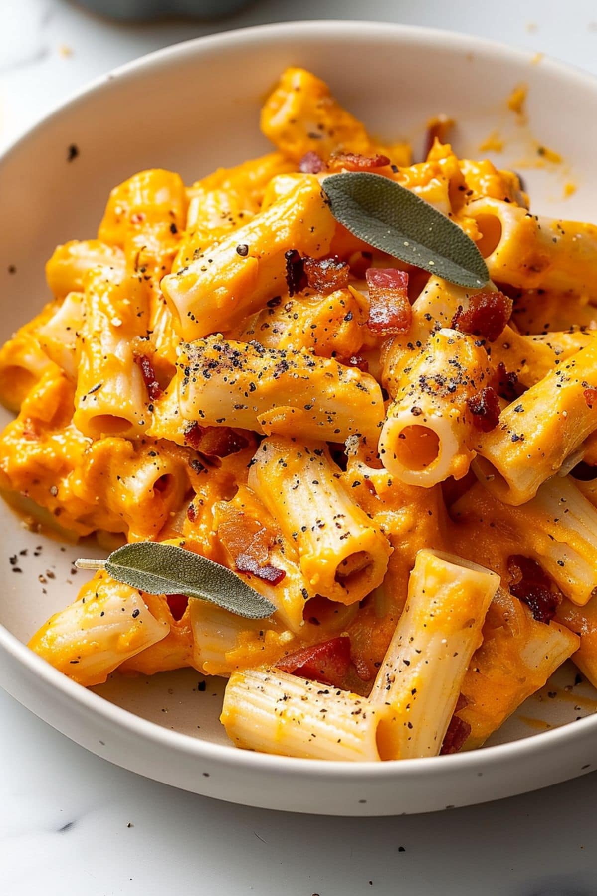 Serving of creamy butternut squash pasta in a white bowl with sage leaves and bacon garnish.