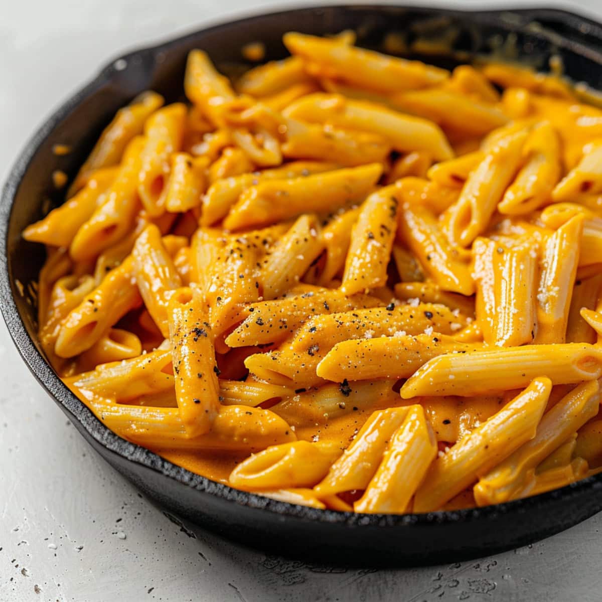 Penne pasta tossed in creamy pimpkin pasta sauce in a cast iron skillet.