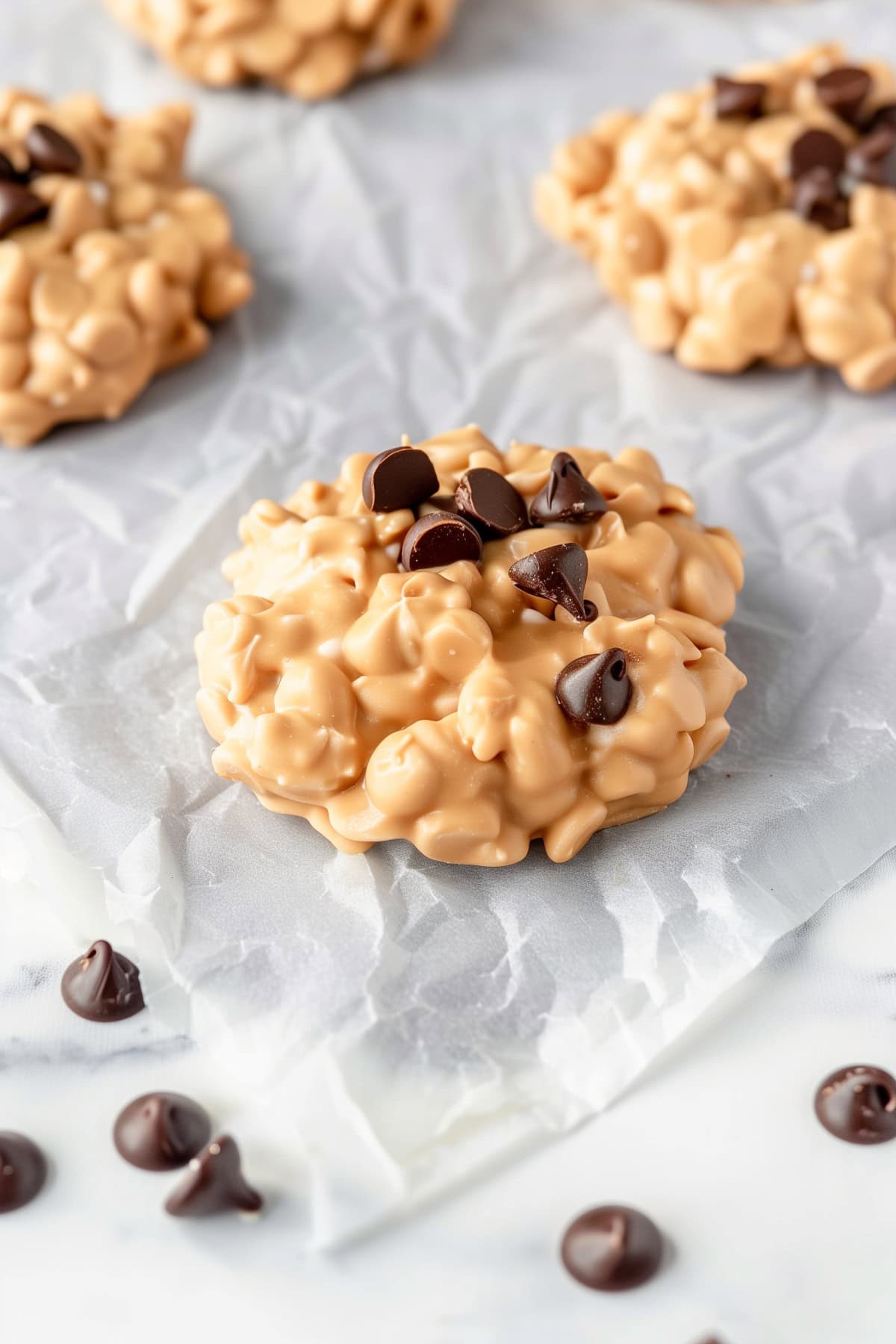 Easy no-bake avalanche cookies, arranged on a parchment paper.