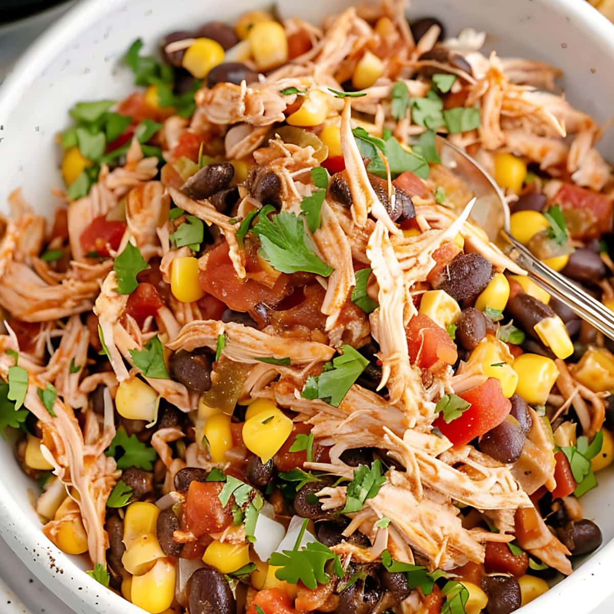 Chicken tacos made with shredded chicken, corn, black beans and salsa served on a white plate.