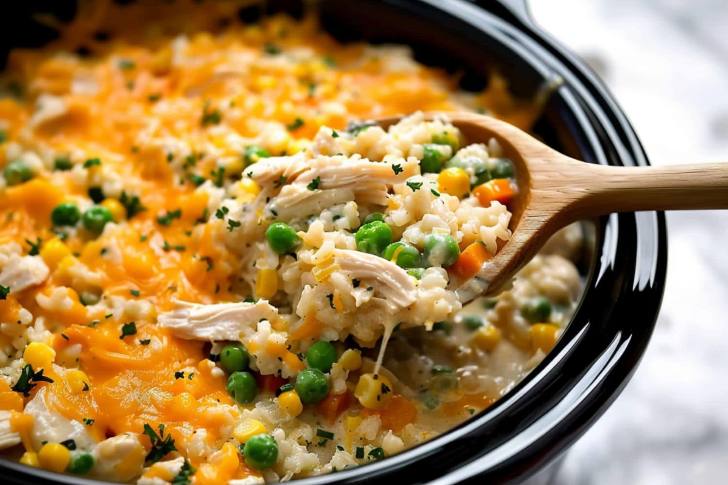 Chicken and rice with cheese and creamy soup in a corckpot.