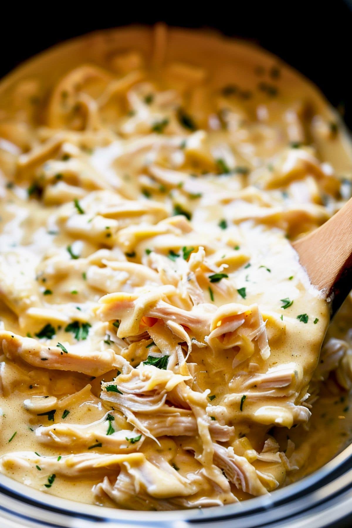 Shredded chicken in creamy and cheesy sauce cooked in a slow cooker with wooden ladle.