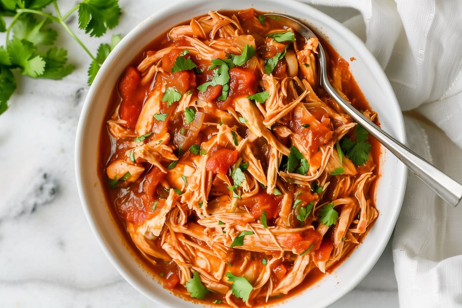 A bowl of homemade easy and flavorful crockpot salsa chicken.