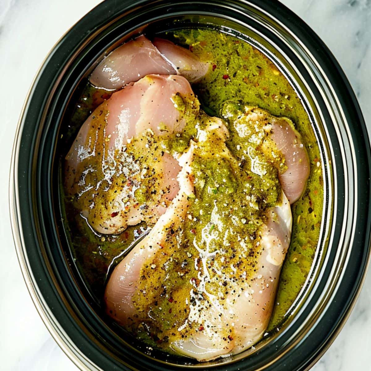 Chicken breast with salsa verde in a crockpot, top view