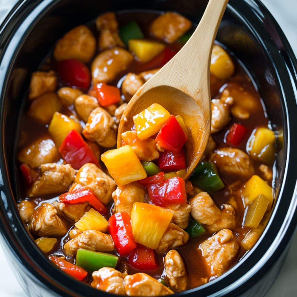 Wooden ladle with a scoop of sweet and sour chicken with green and red bell pepper, pineapple chunks cooked inside a slow cooker.