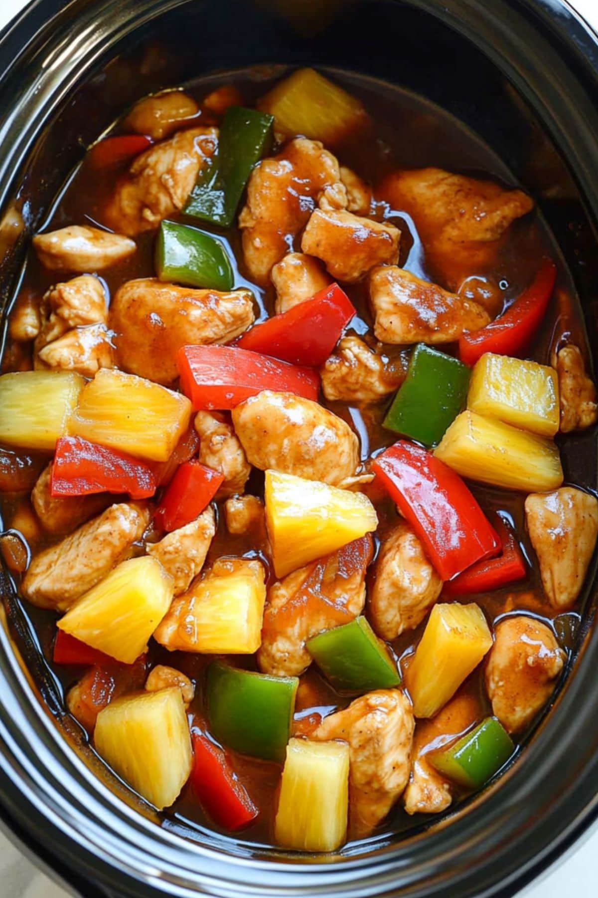 Chicken pieces, bell peppers and pineapple chunks inside a slow cooker cooked in sweet and sour sauce. 