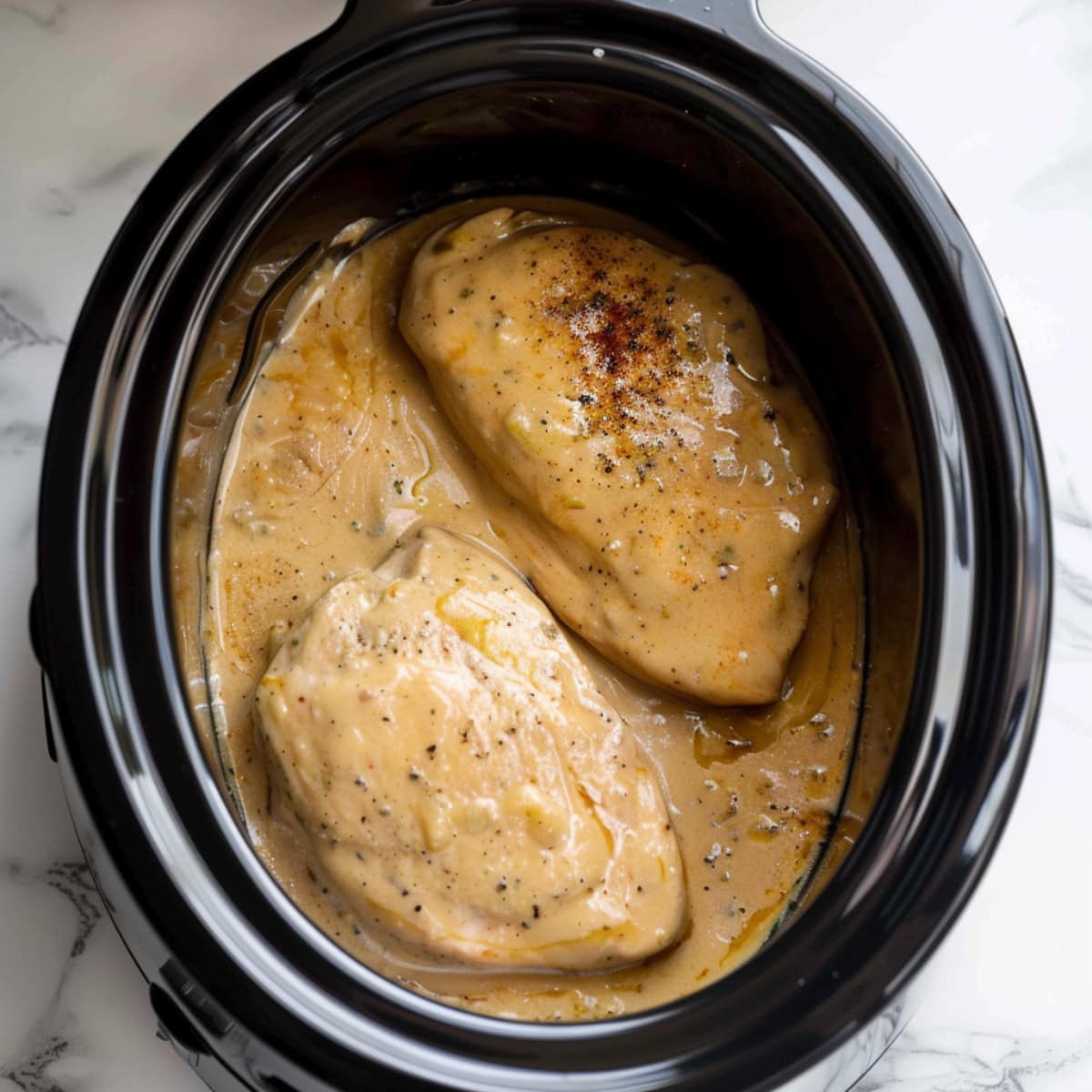 Chicken breast with gravy cooked in a crockpot.