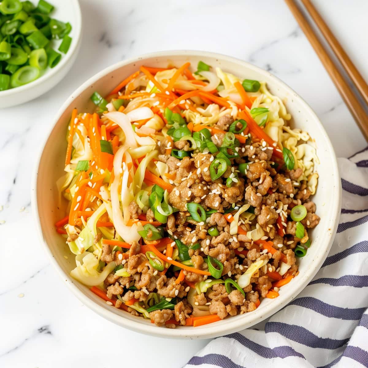 Low-carb egg roll in a bowl, perfect for a healthy meal.