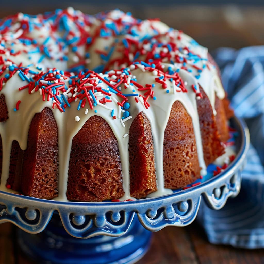 Firecracker Cake with white glaze and red and blue sprinkles on a cake stand