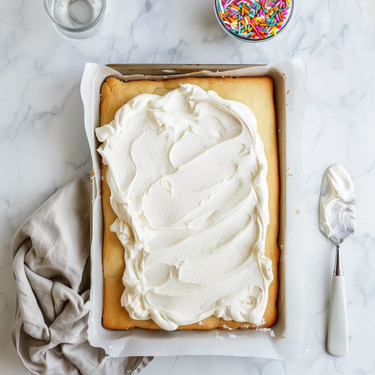 Cookie bar in a baking pan with  creamy frosting spread on top and sprinkles on the side.