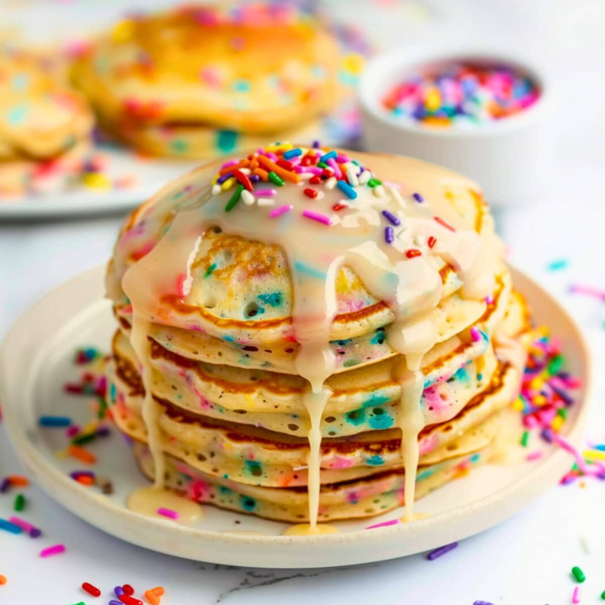 Stack of funfetti pancakes dripping with vanilla sugar garnished with sprinkles served on a white plate.