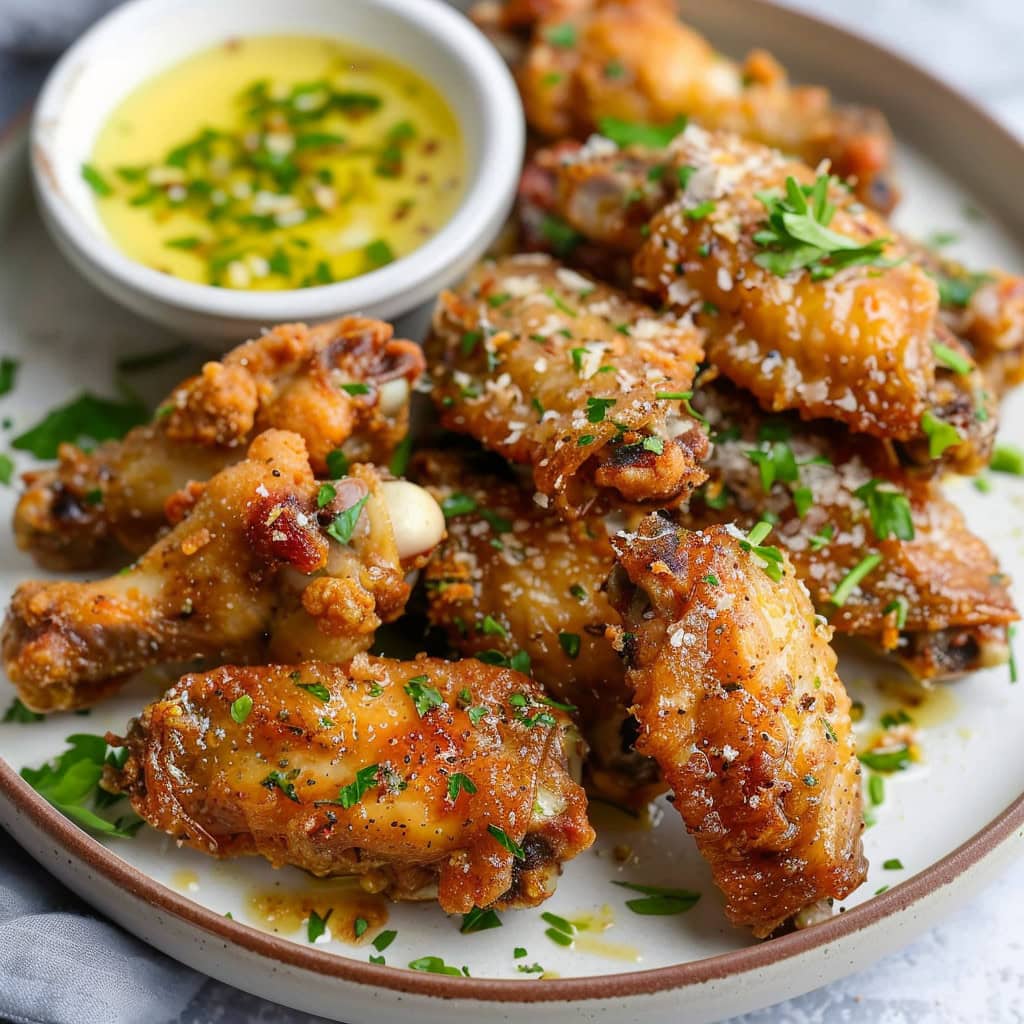 Crispy baked garlic Parmesan chicken wings on a plate with garlic butter