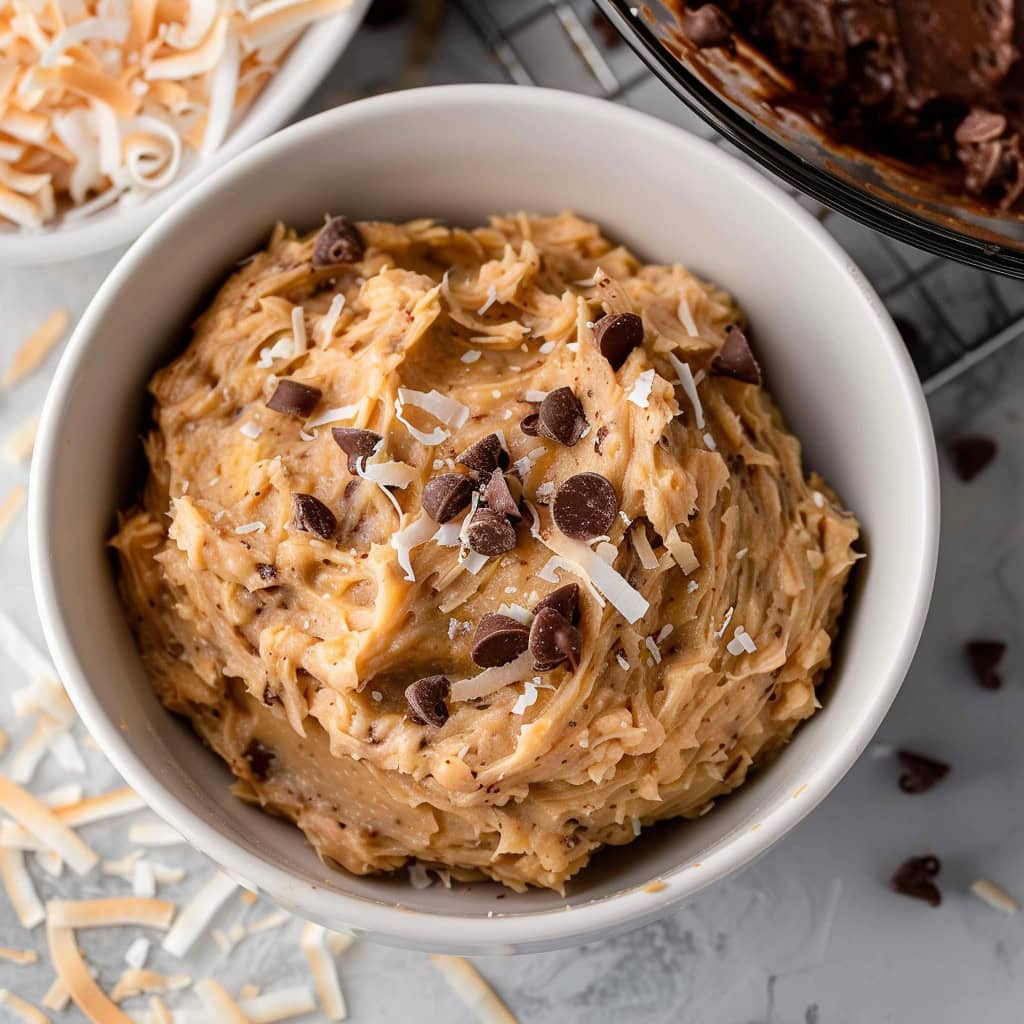 German Chocolate Poke Cake Coconut Frosting in a Bowl, top down view