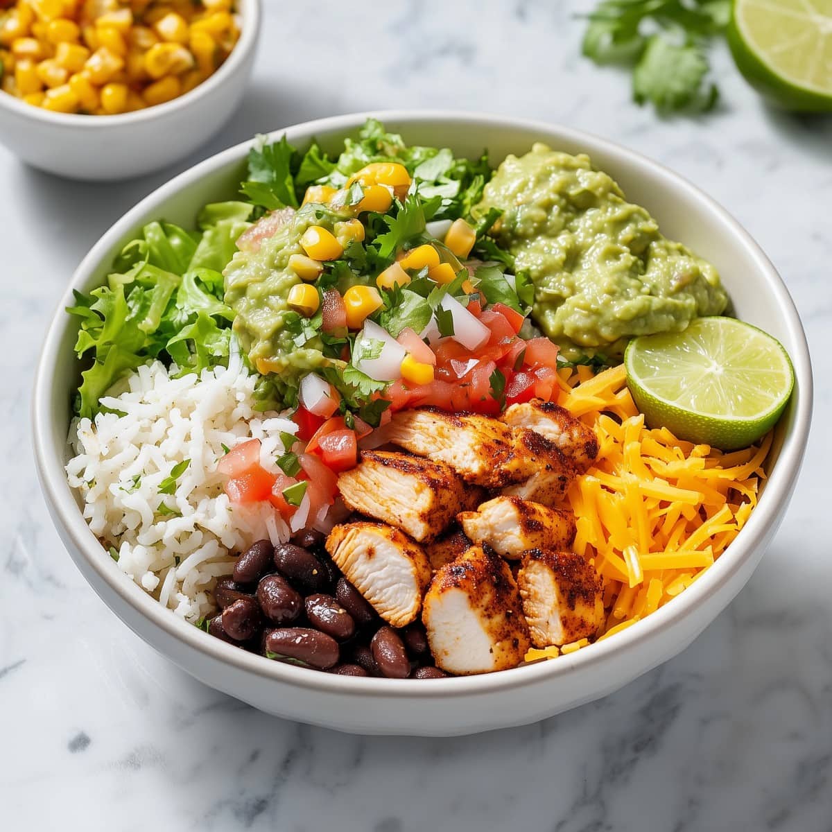 Homemade chipotle burrito bowl topped with lime, lettuce, cheese, pico de gallo, guacamole, and shredded cheese.