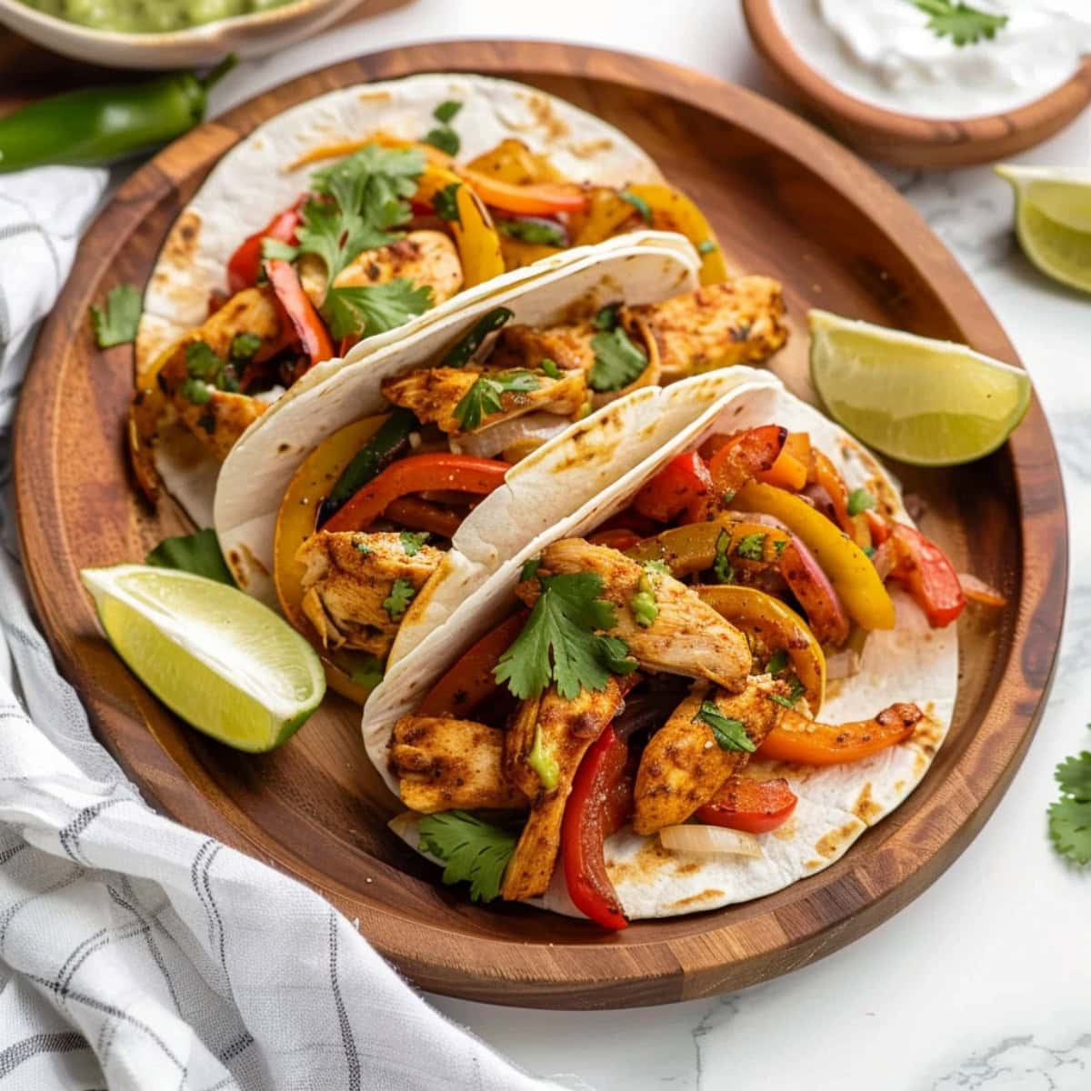 Irresistible sheet pan chicken fajitas, served with warm tortillas and fresh lime wedges.