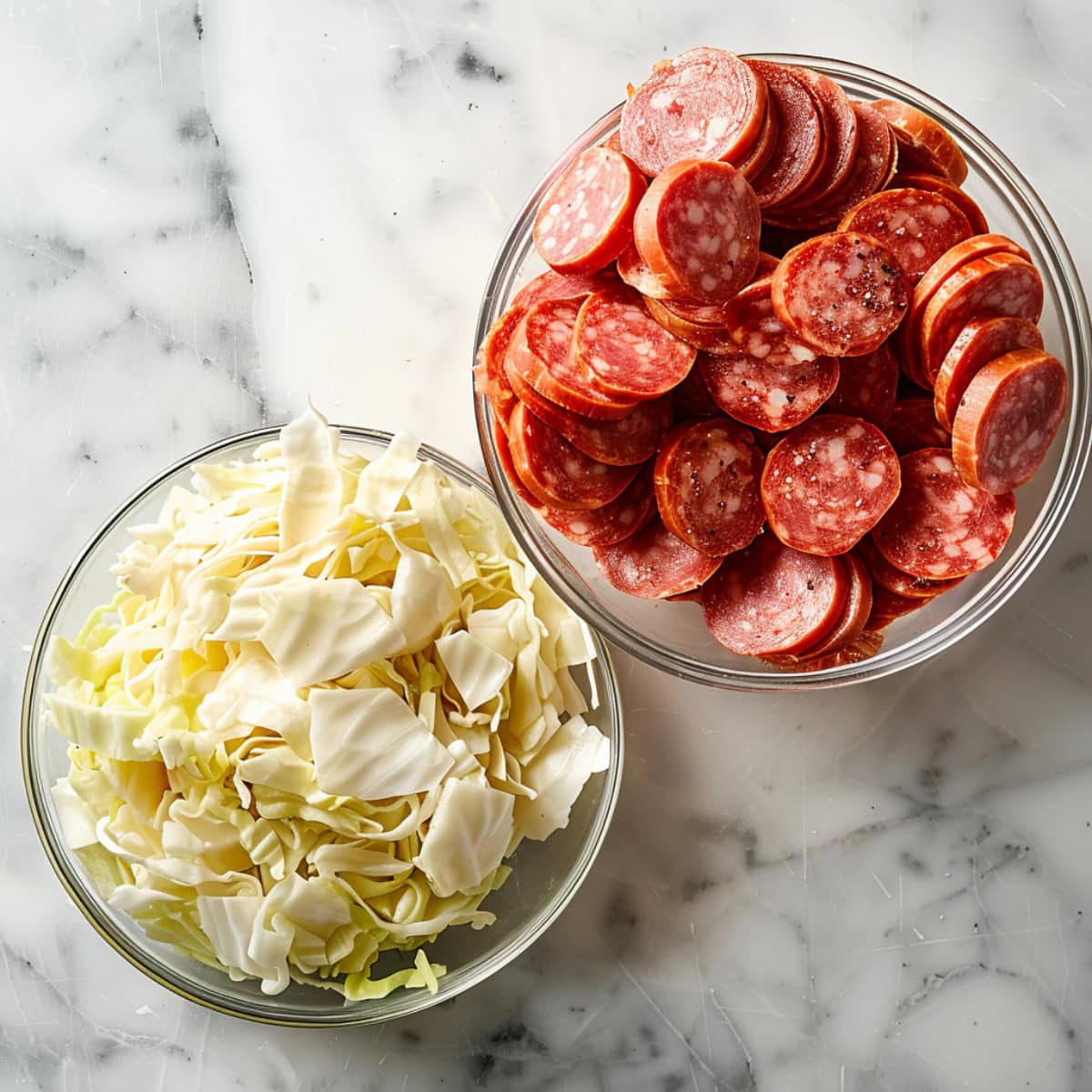 Bowls of cabbage and kielbasa on top of a marble table.