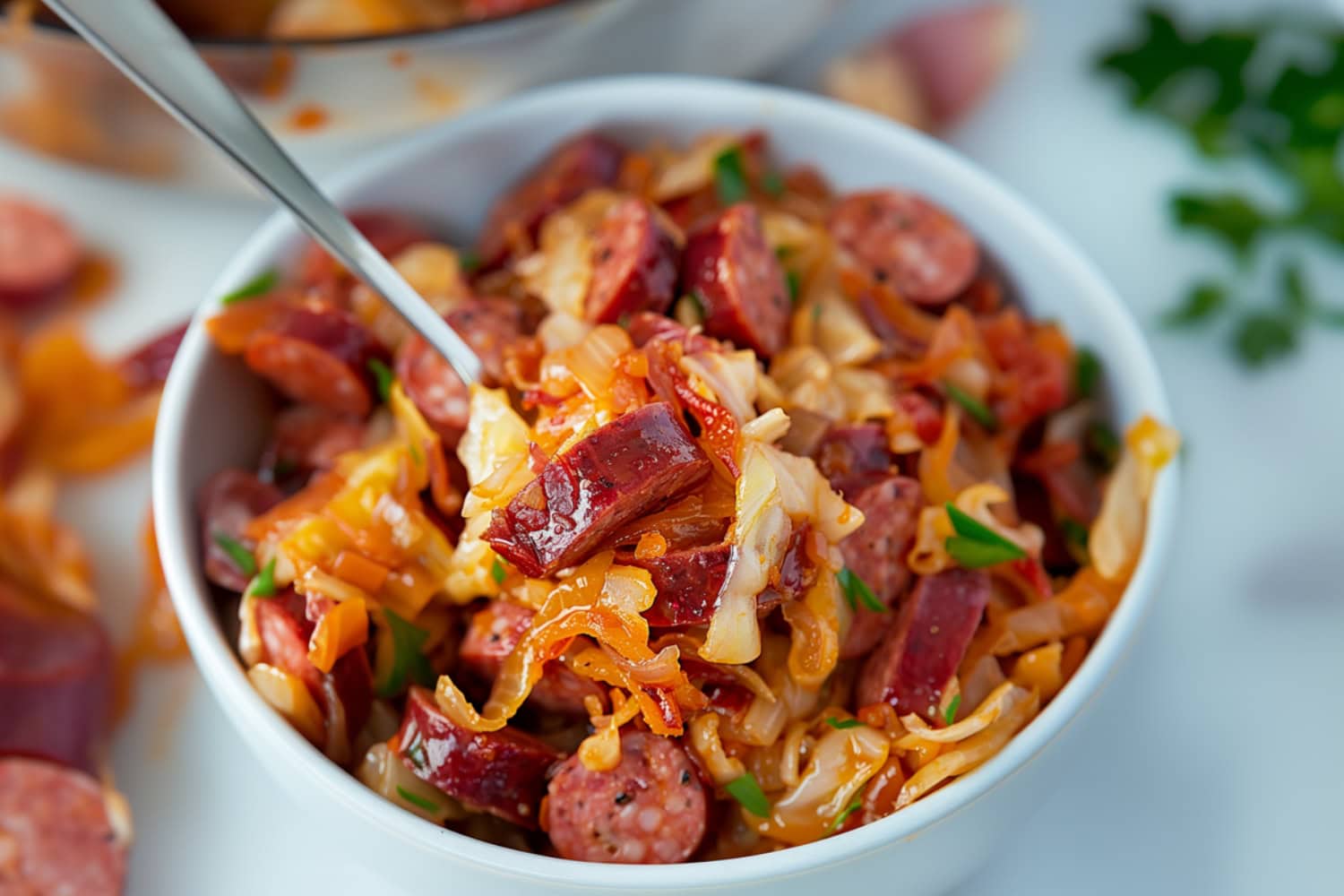 Sauteed cabbage and sausage in a bowl.