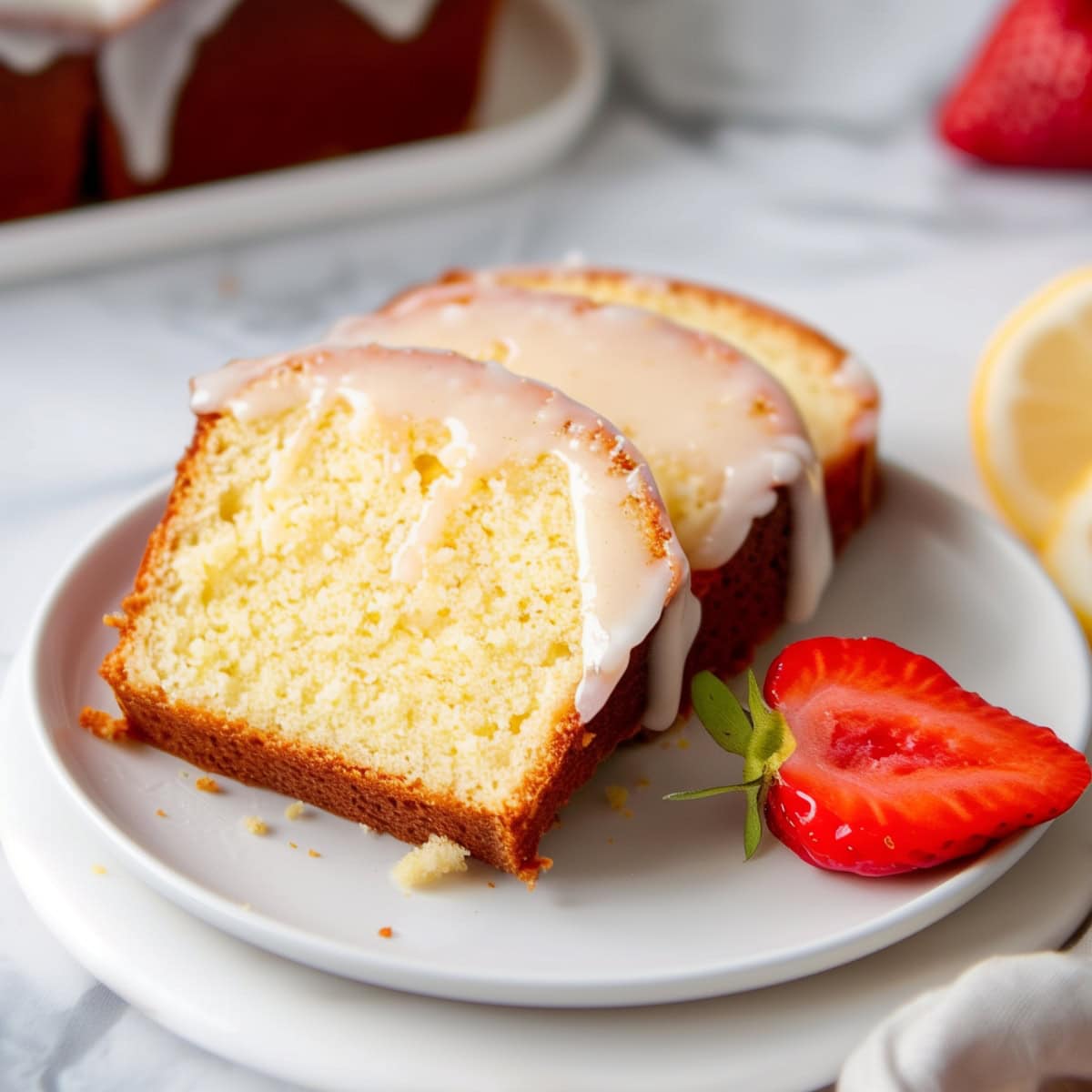 Slices of lemon drizzle cake in a plate with fresh strawberry.