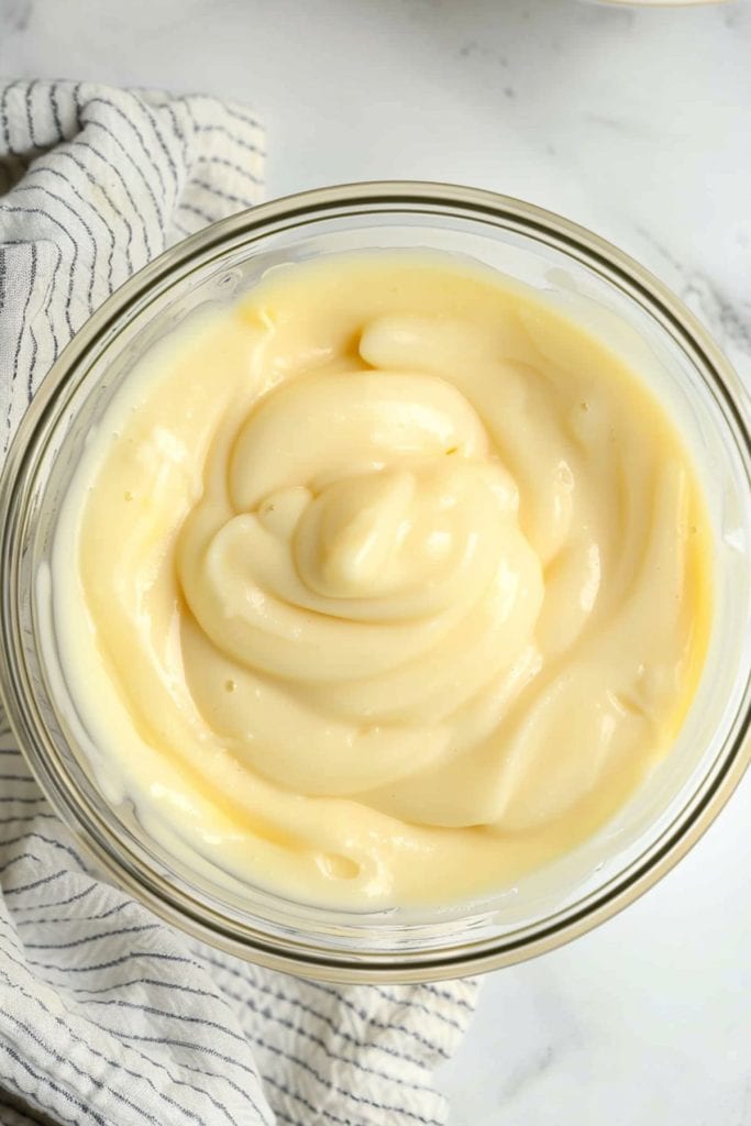 Homemade vanilla custard in a large glass bowl.