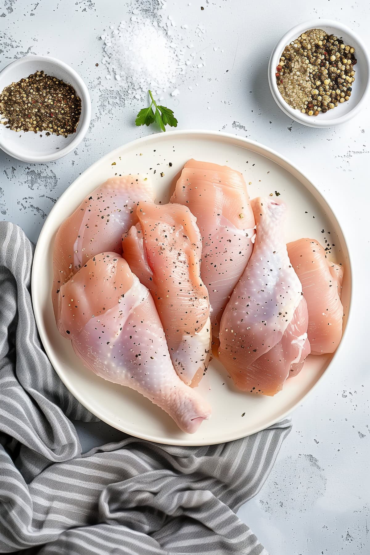 A plate of raw chicken with salt and pepper in a plate, top view.