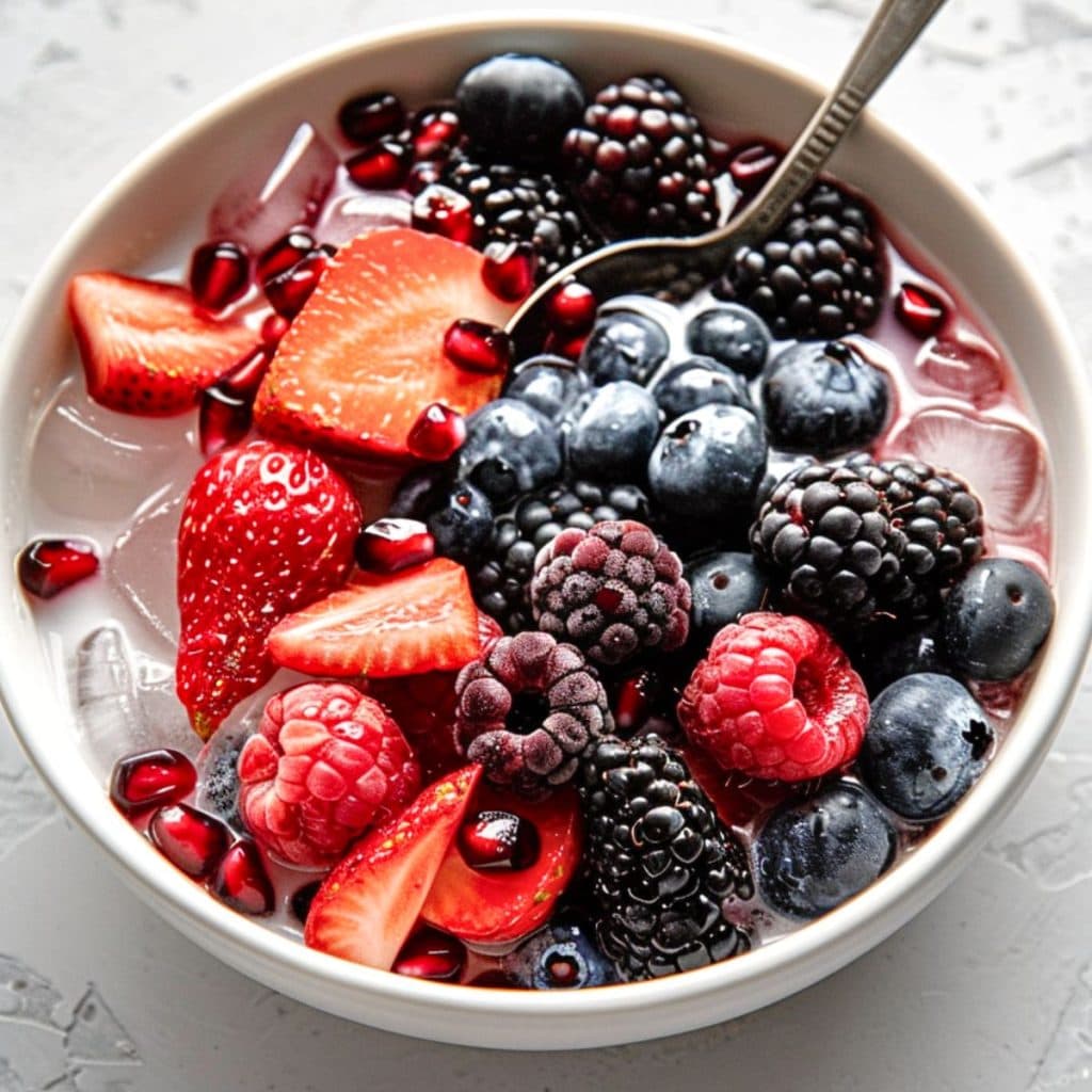 Mix of blueberries, blackberries, raspberries, pomegranate seeds, and chopped strawberries in a white bowl with cube ice and coconut water.