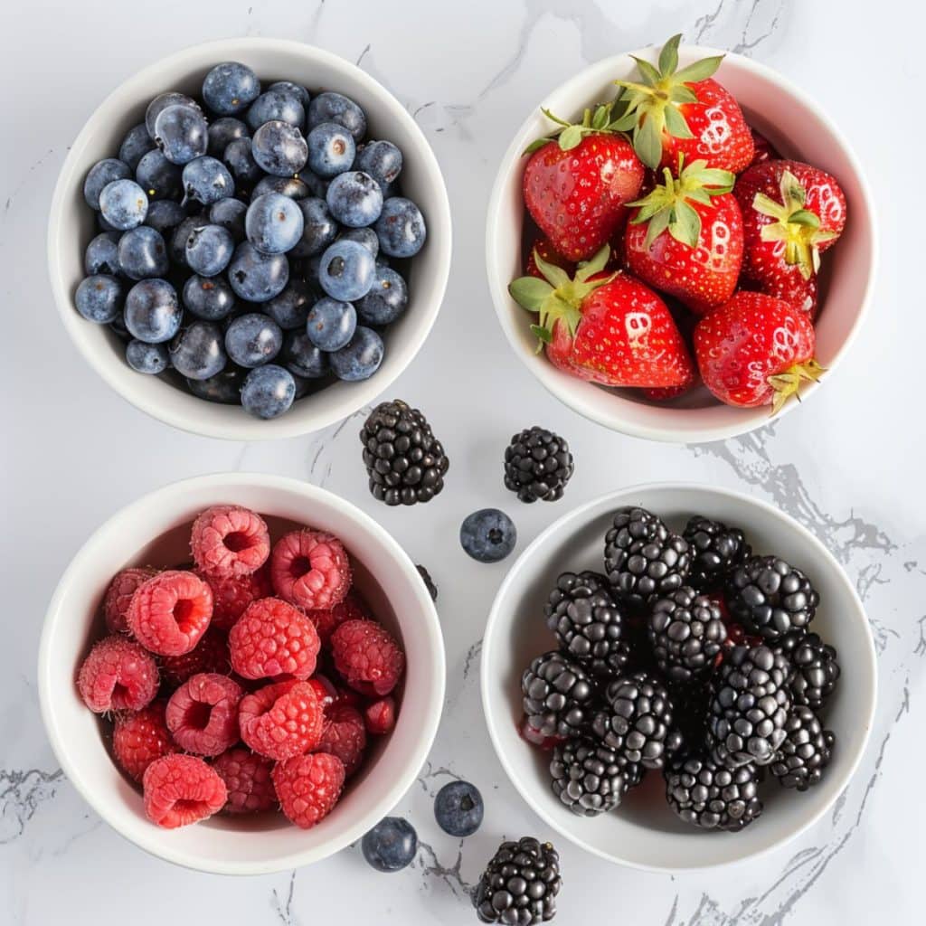 Portions of strawberries, blueberries, raspberries in white bowls.