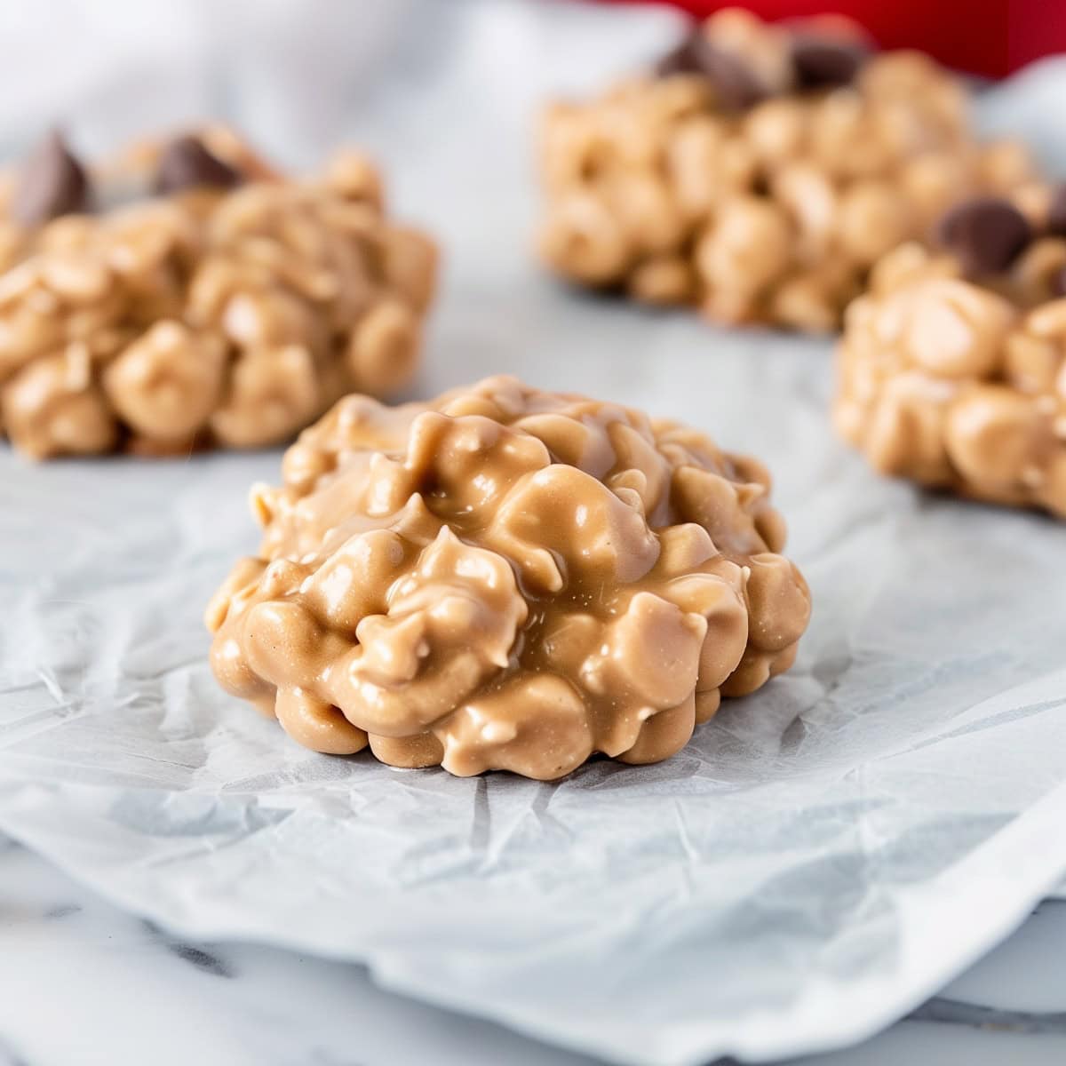 Irresistible avalanche cookies topped with chocolate chips, side view