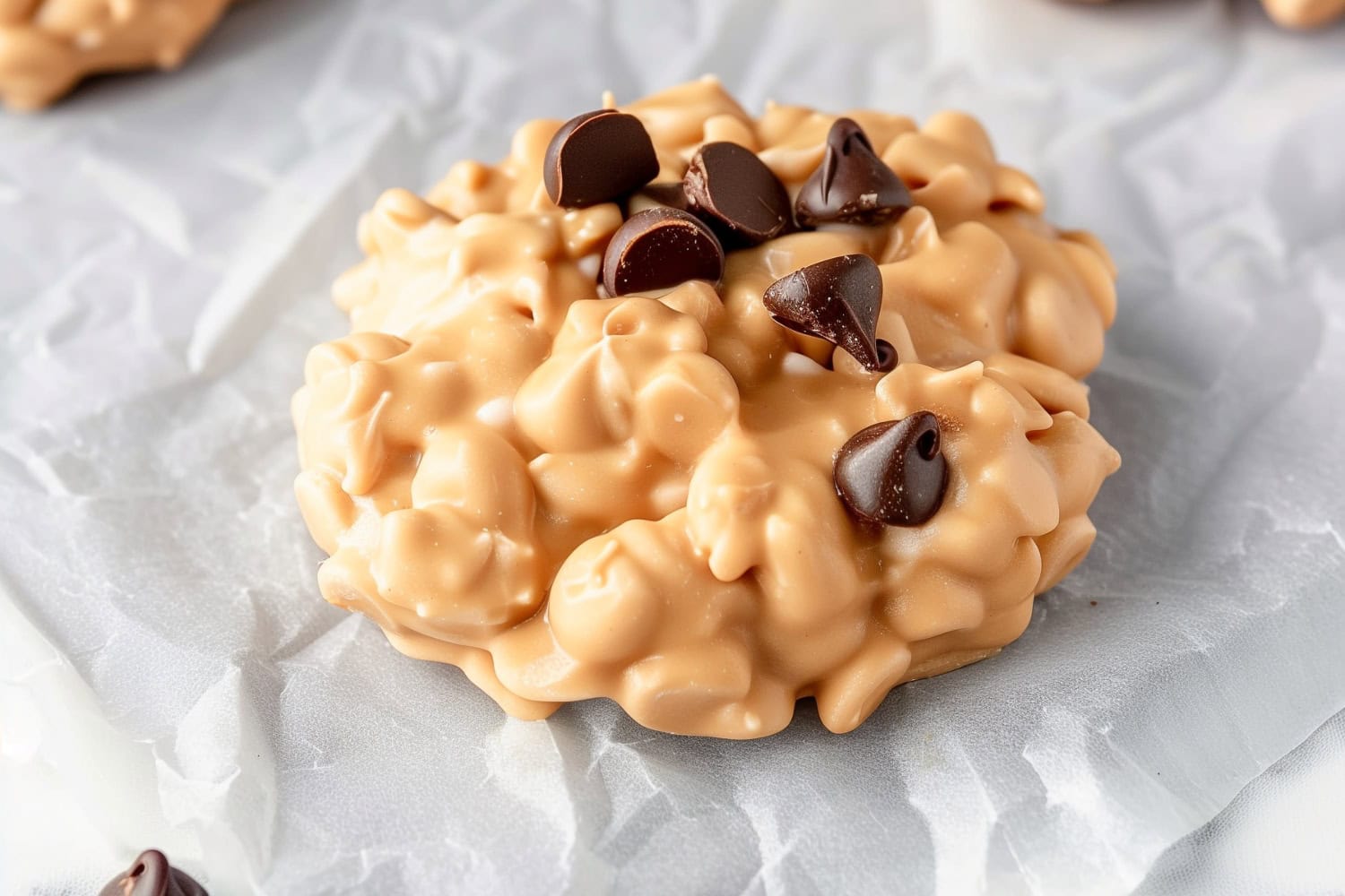 Crunchy and creamy no-bake avalanche cookies on parchment paper.