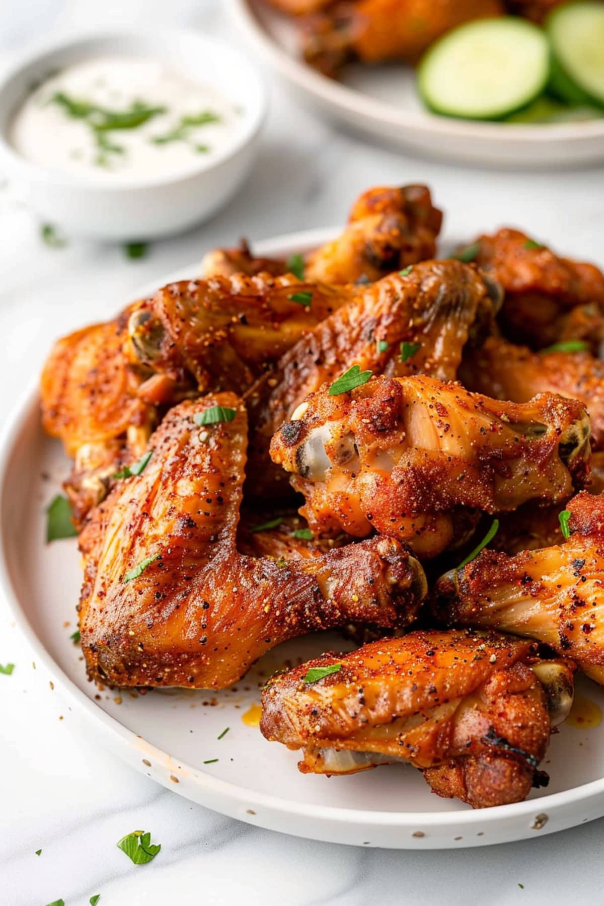 Baked chicken wings with seasonings served on a white plate.