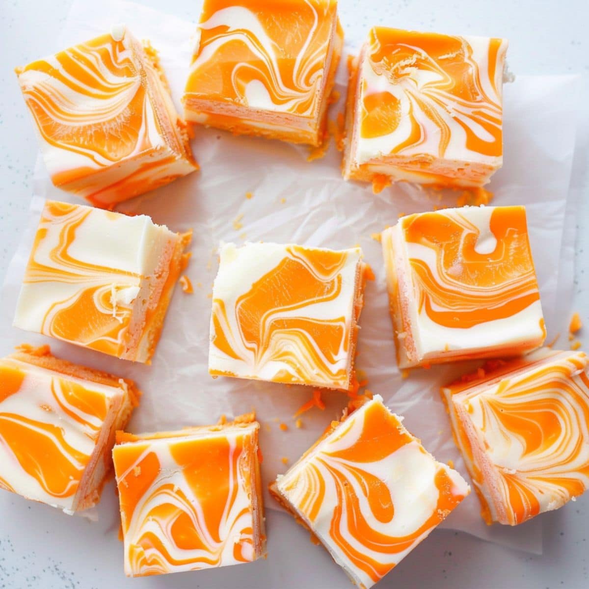 Sliced orange creamsicle fudge on a parchment paper, top view