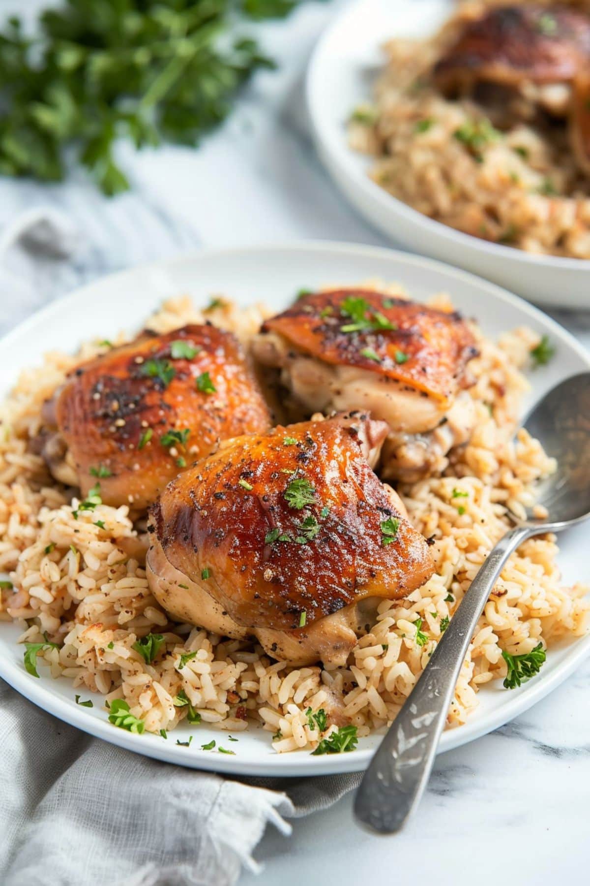 Oven baked chicken and rice served on a white plate.