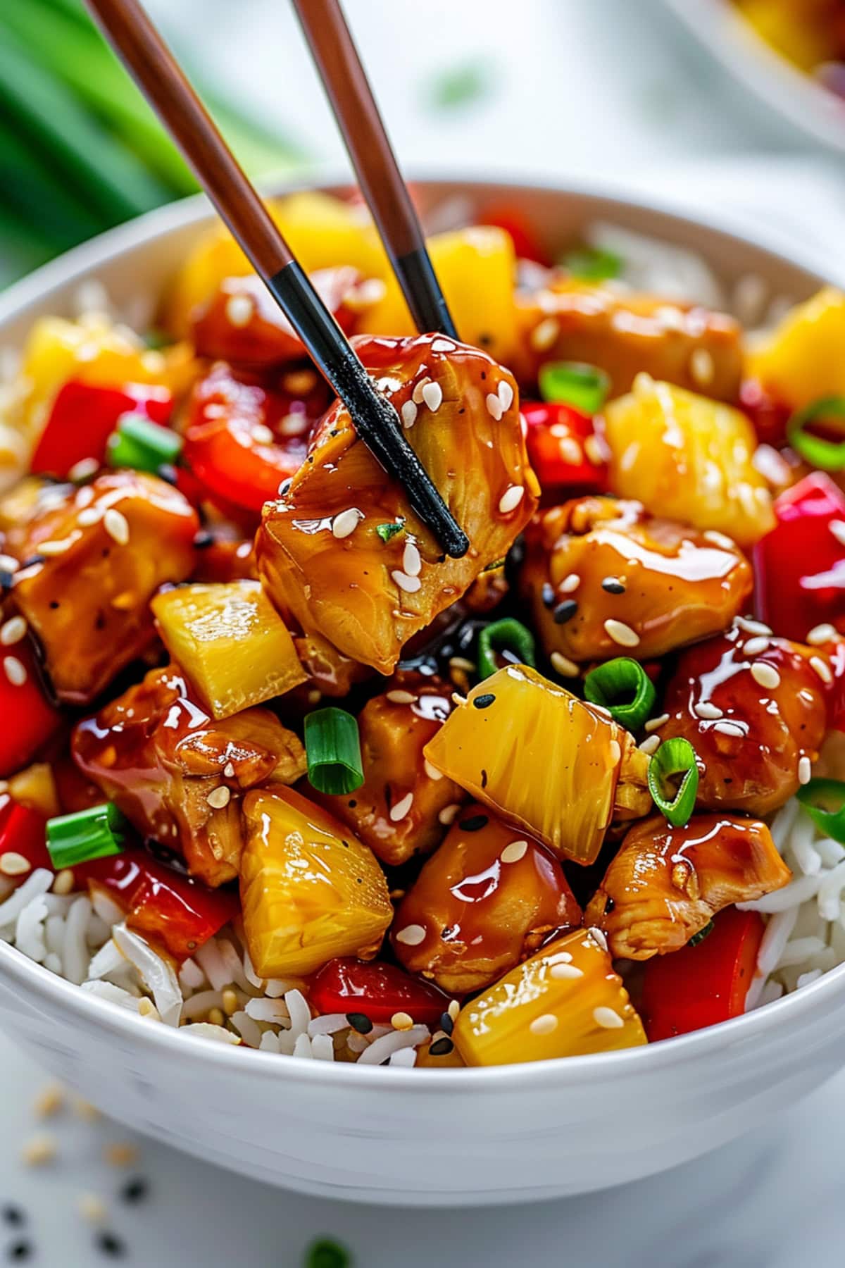 Chopstick picking a slice of chicken on a bowl of pineapple chicken stir fry.