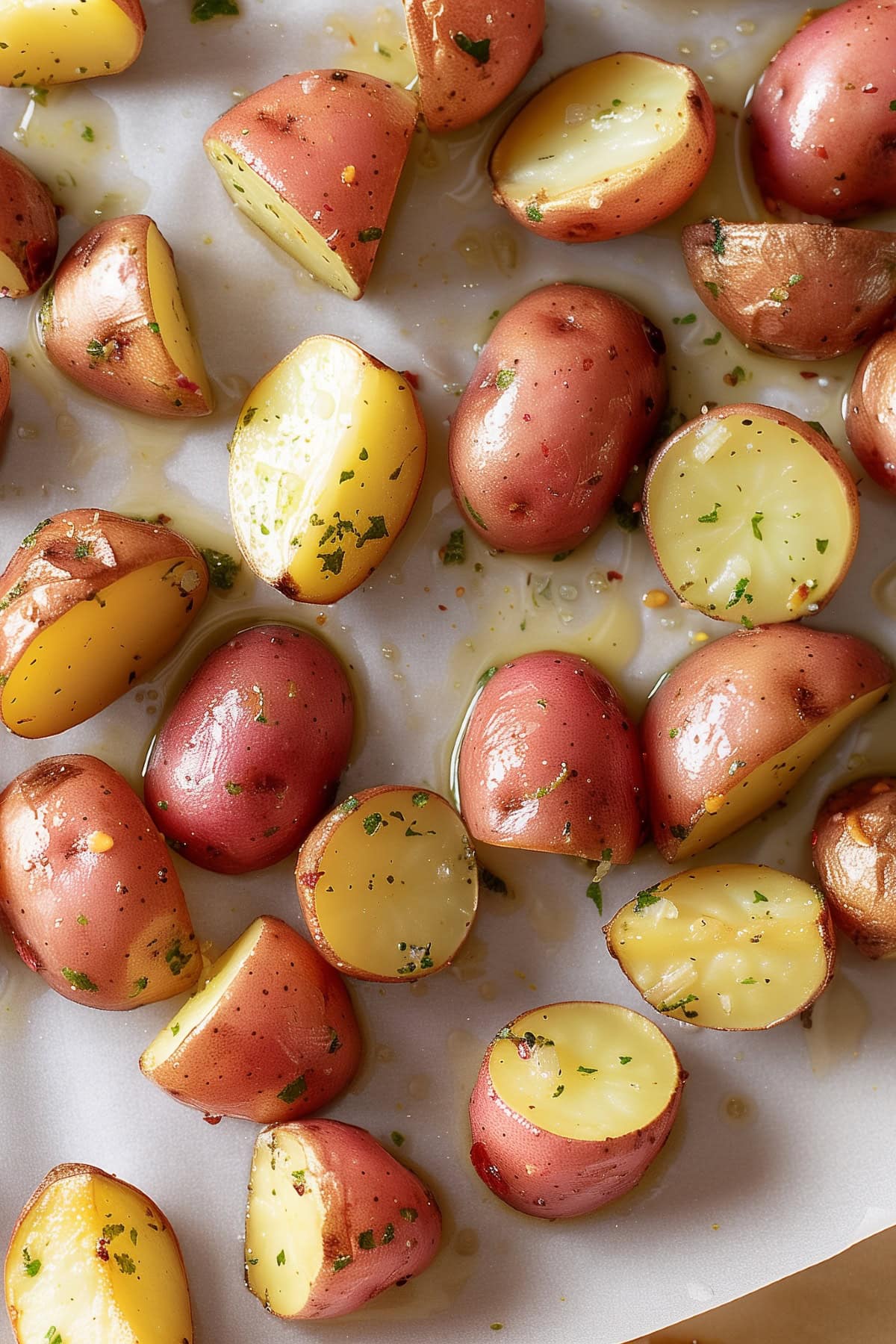 Ranch roasted potatoes on a parchment paper.